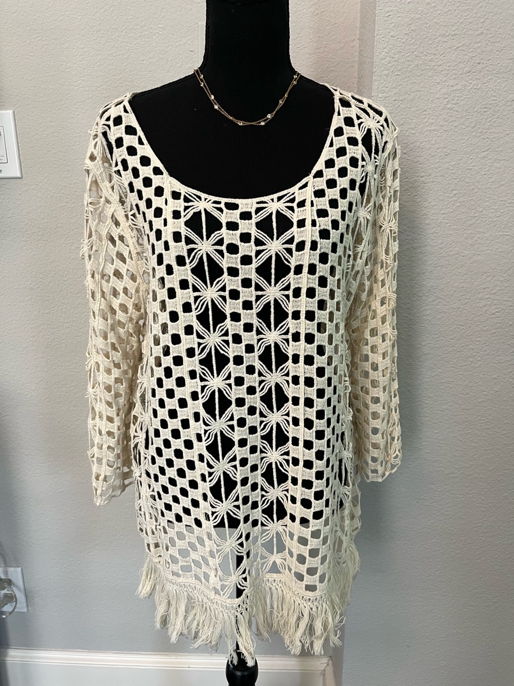 Cato XL Cotton Open Knit Crochet Pullover Boho CoverUp Beige Top 3/4 Sleeve